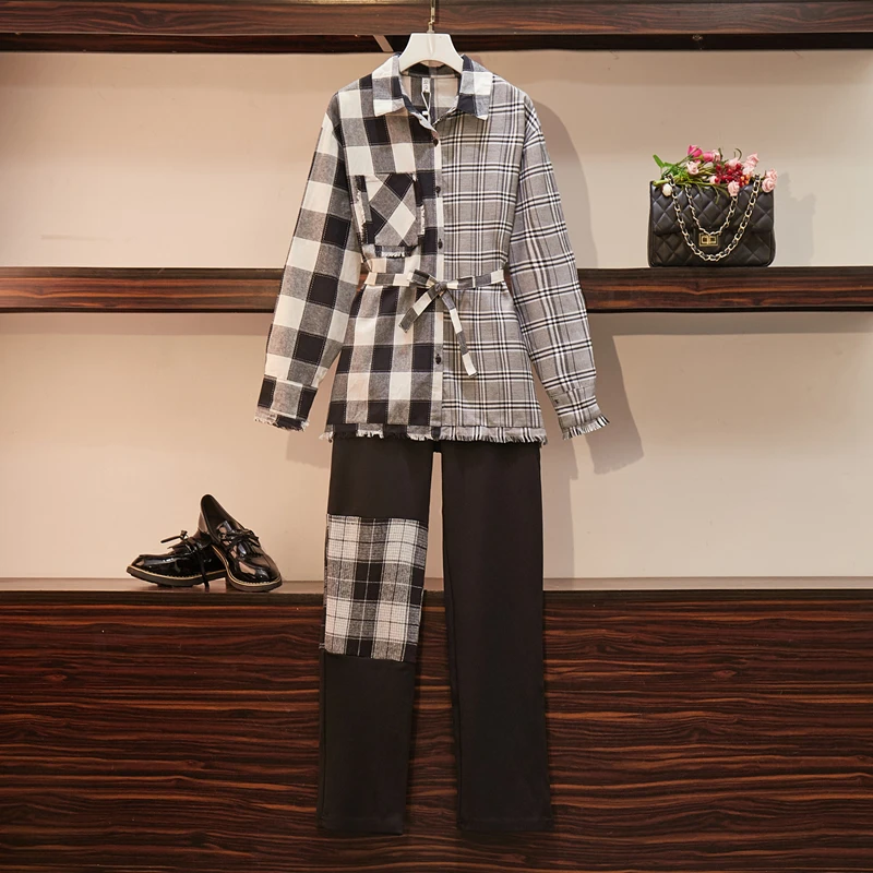 Женский винтажный спортивный костюм размера плюс Женская клетчатая футболка топ