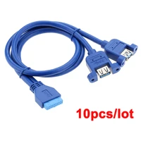 10pcs pc computer case internal mainboard 19pin female to 2 port usb 3 0 type a female screw lock panel mount cable blue 50cm