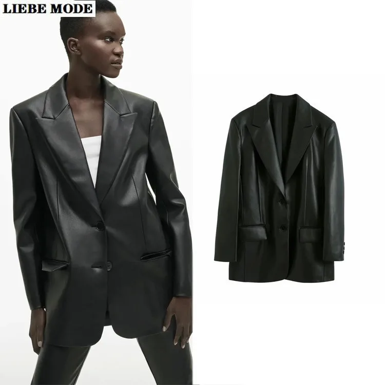 

Женский кожаный блейзер большого размера, свободная однобортная куртка, Женский Черный Длинный блейзер из искусственной кожи, Женская шика...