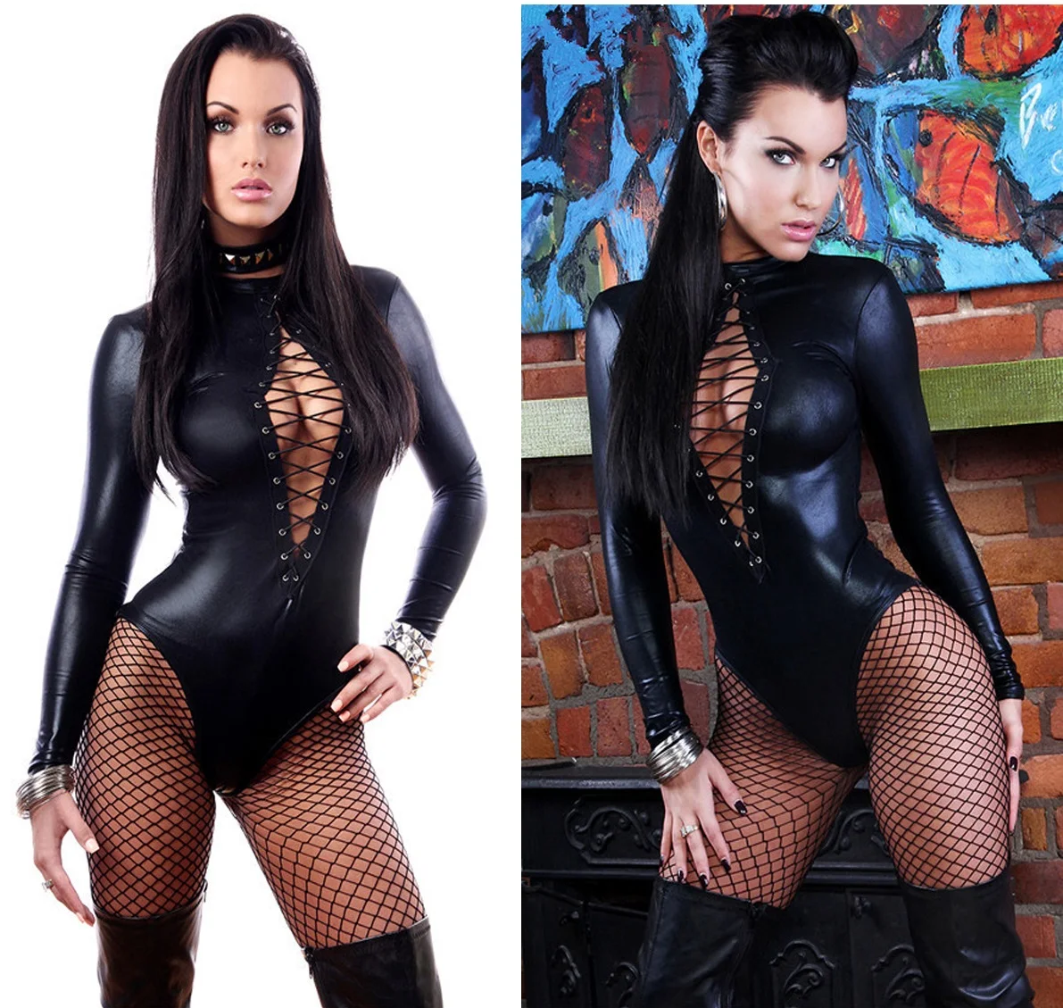 

Women Sexy Synthetic Leather Bodysuit Bondage Corset Lingerie Rivet Leather Jumpsuit Open Bra Strappy Leotard Latex Catsuit