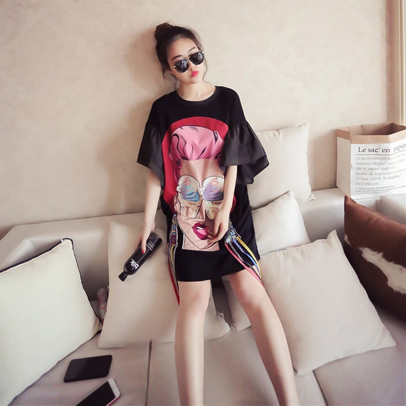 

CHICEVER Character Print Tassel Women's T-shirt O Neck Butterfly Sleeves Long Plus Size T-shirts Female 2020 Summer Fashion New