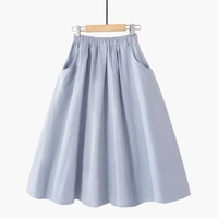 spring summer solid cotton skirt women elastic high waist midi skirts femme with pocket simple black skirt women korean skirt