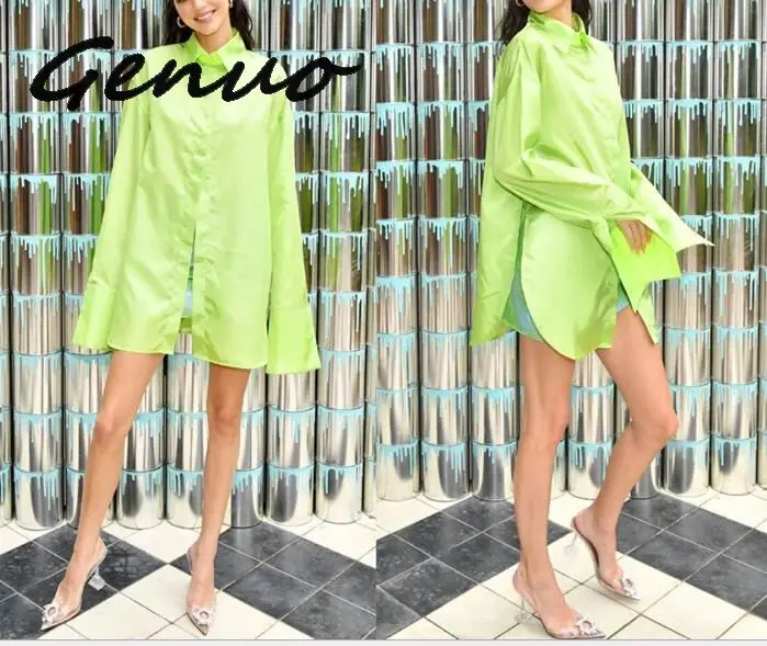 Новинка 2019 Зеленая атласная шелковая блузка genu свободные длинные рубашки