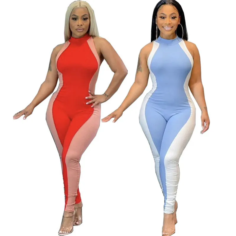 

Женский комбинезон без рукавов, повседневный облегающий эластичный комбинезон синего и красного цветов в стиле пэчворк, летняя одежда