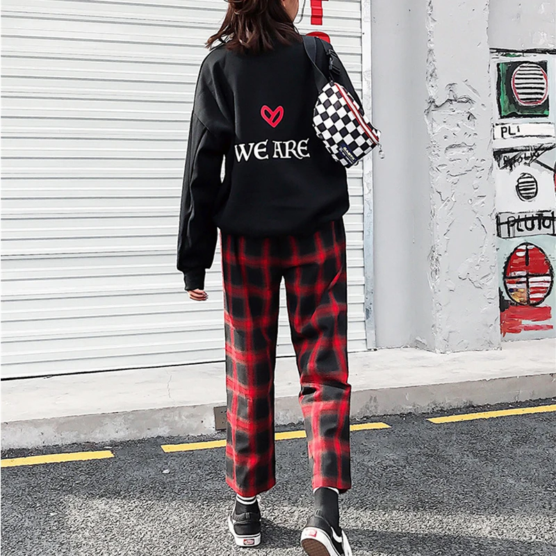 

Plaid Casual Pants Women Colorful Harajuku Stylish Loose Retro Elastic Waist Wide Leg Streetwear Boyfriend Unisex Females Spring