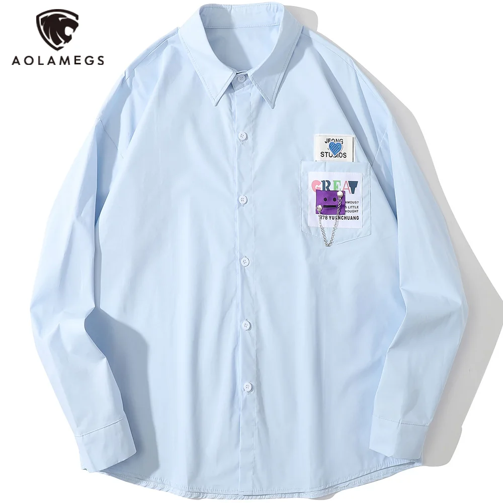 

Aolamegs Мужская рубашка с вышивкой и накладным карманом, повседневные мешковатые удобные рубашки с длинными рукавами, Топы Harajuku, универсальна...
