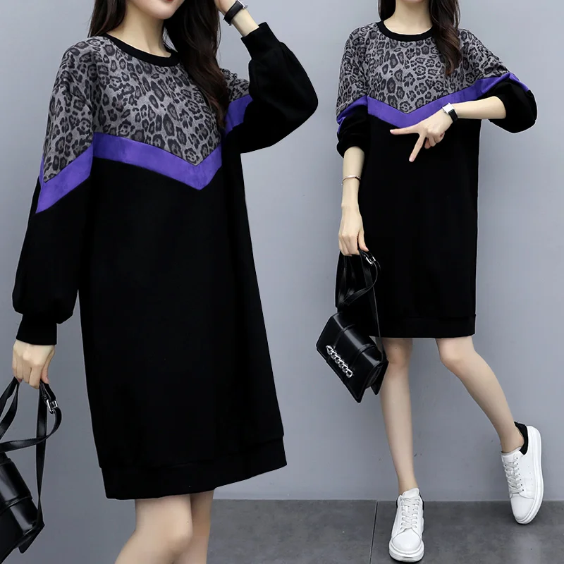 

Korean Style Loose Patchwork Women's Dress Casual Knit Sweater Dresses Female Print Knee Length Clothes Ladies