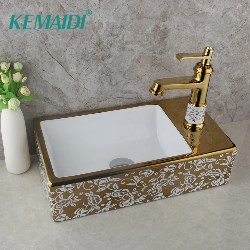 KEMAIDI Sink Hot Cold Water Mixer +Bathroom Washbasin Above Counter Basin European Ceramic Art Gold Wash Square | Обустройство дома