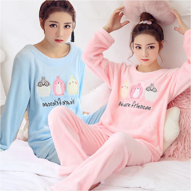 Комплект из 2 предметов: Топ и штаны, зимняя Фланелевая Пижама для женщин, комплект домашней одежды, милая Пижама с рисунком, Пижамный костюм, повседневная домашняя одежда
