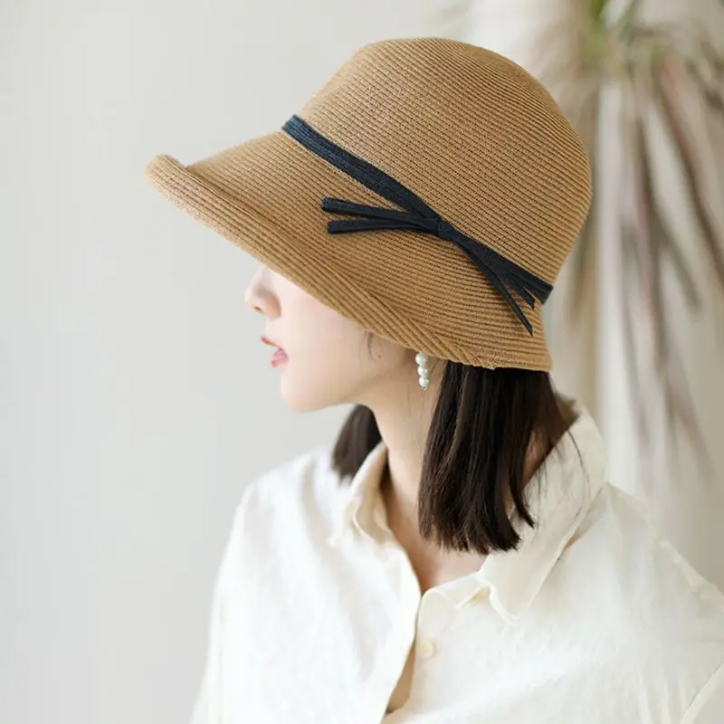 Women Hepburn Vintage Woven Sun Hat Elegant Contrast Color Bowknot Short Roll Up Brim Foldable Summer Bucket Cap