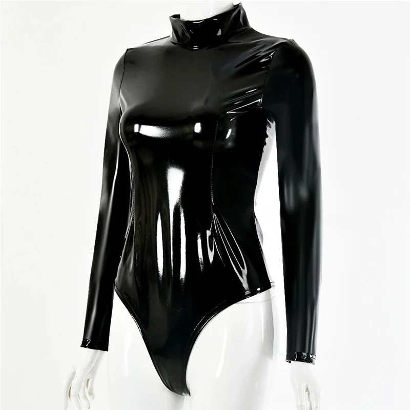 

Wetlook Shiny Faux Latex PVC Catsuit High Cut Sexy Long Sleeve Bodysuit Cosplay Swimsuit Turtleneck Skinny Body Sculpting Body