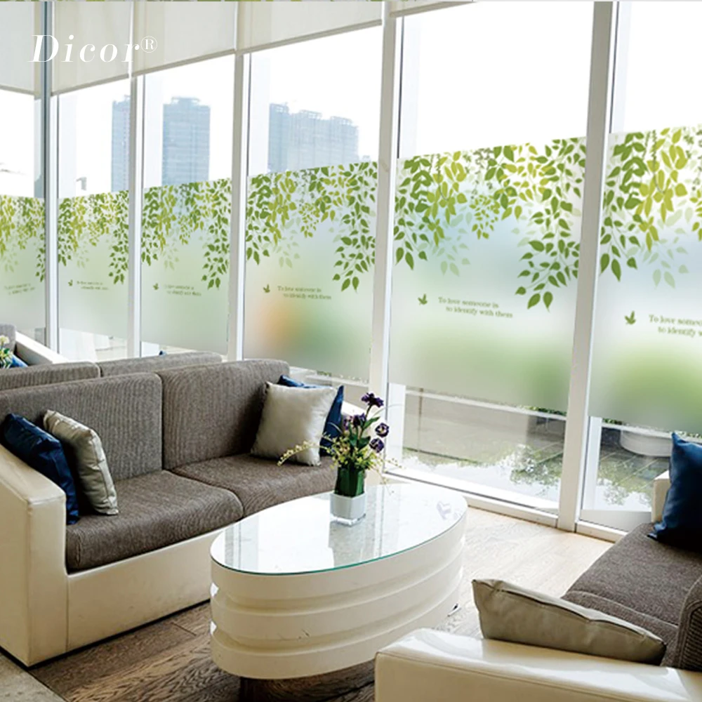 Антистатическая липкая оконная пленка DICOR с листьями матовая непрозрачная