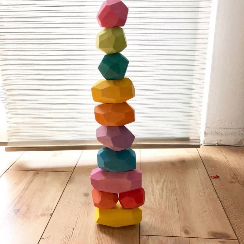

16 Pcs Children Wooden Colored Stone Stacking Game Building Block Education Toy 23GD