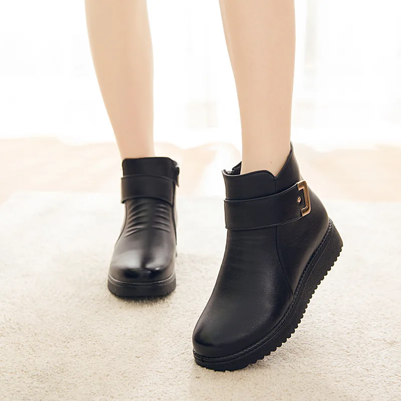 

Female boot knot split leather boots women winter shoes warm plush ankle boots black wedges zip botines mujer 2020