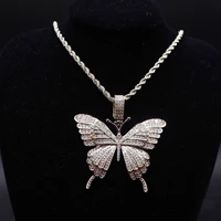 hip hop butterfly iced out pendant necklace rapper bling jewelry cubic zirconia pink sliver 106a2