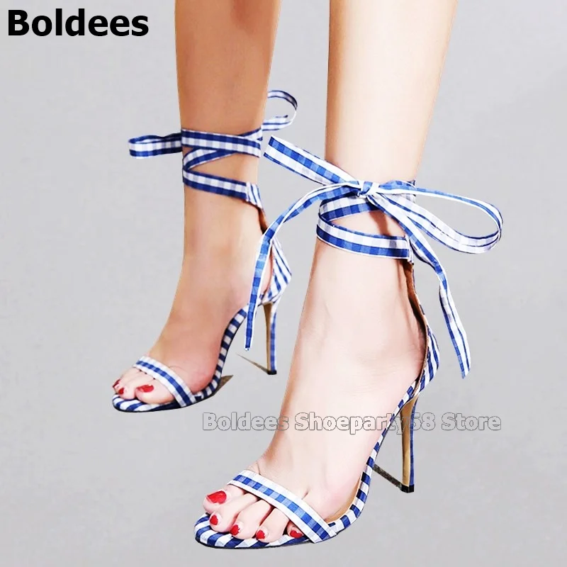 

Concise Plaid Pattern Bowtie Cross Tied Lace Up Heeled Sandals Open Toe Cut Out Summer Sandals High Heels Fashion Lady Shoes