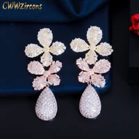 cwwzircons multi tone gold color cubic zirconia statement luxury long leaf drop earrings for wedding party bridal jewelry cz823
