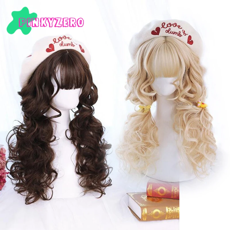 

Brown Blond Lolita Wig Harajuku Fringe Bangs Long Kinky Curly Synthetic Hair Small Curls Kawaii Women Girls Free Wig Cap