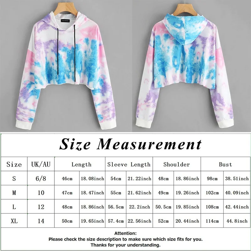 

Sweatshirt Tie Dye Print Women Crop Tops Long Sleeve Casual Hoodies Autumn Hooded Pullovers Street Style Multicolor Clothing