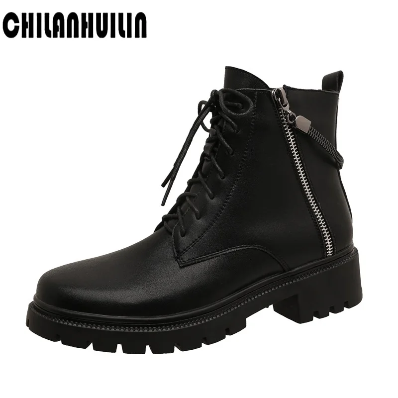 

women boots zipper ankle boots full leather platform round toe black shoes women goth boot punk women casual shoes botas mujer