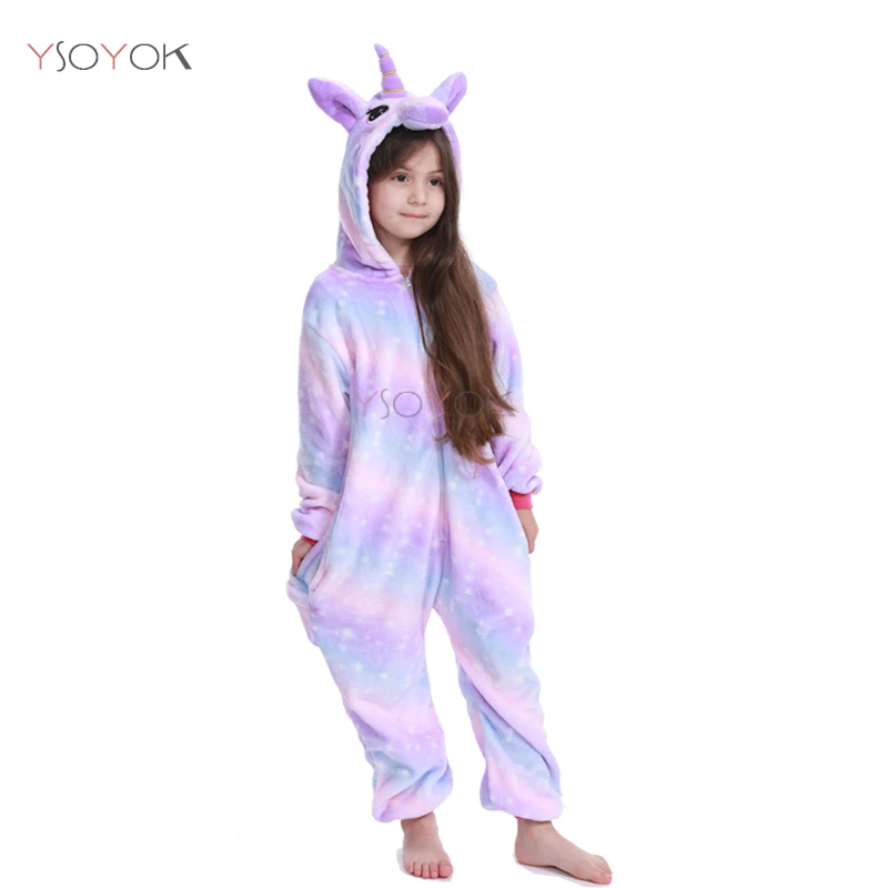 Kigurumi/Детские пижамы для мальчиков и девочек; пижамы с единорогом; фланелевая Детская Пижама; комплект одежды для сна с животными; зимние комбинезоны - Цвет: Purple star unicorn