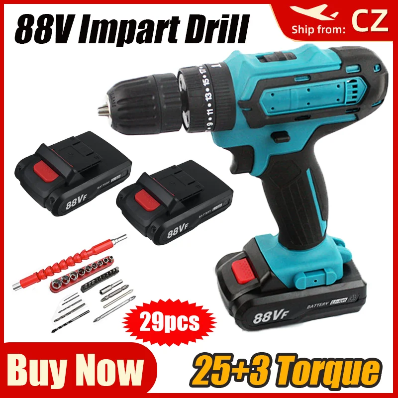

3In1 Rotary Hammer Drill 88V Battery 25 Torque Cordless Impact Drill Electric Magnetic Drill+Screwdriver With 29Pc Drill Bit Set