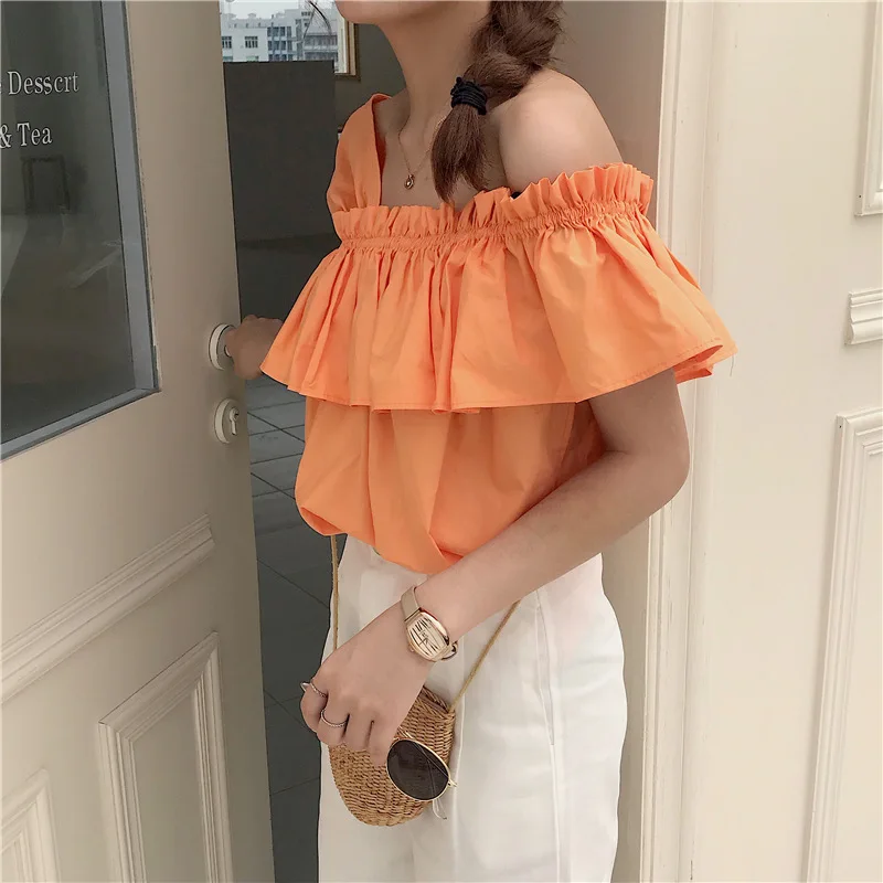 

2020 Summer New Women Korean Asymmetric Strapless Flared Sleeve Shirts Short Sleeve Ruffled Top Women