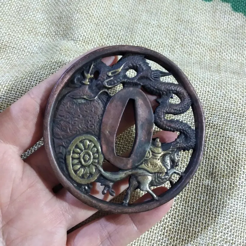 Старый Tsuba чехол фитинг аксессуары Dragon чистой Медь для японский самурайский меч