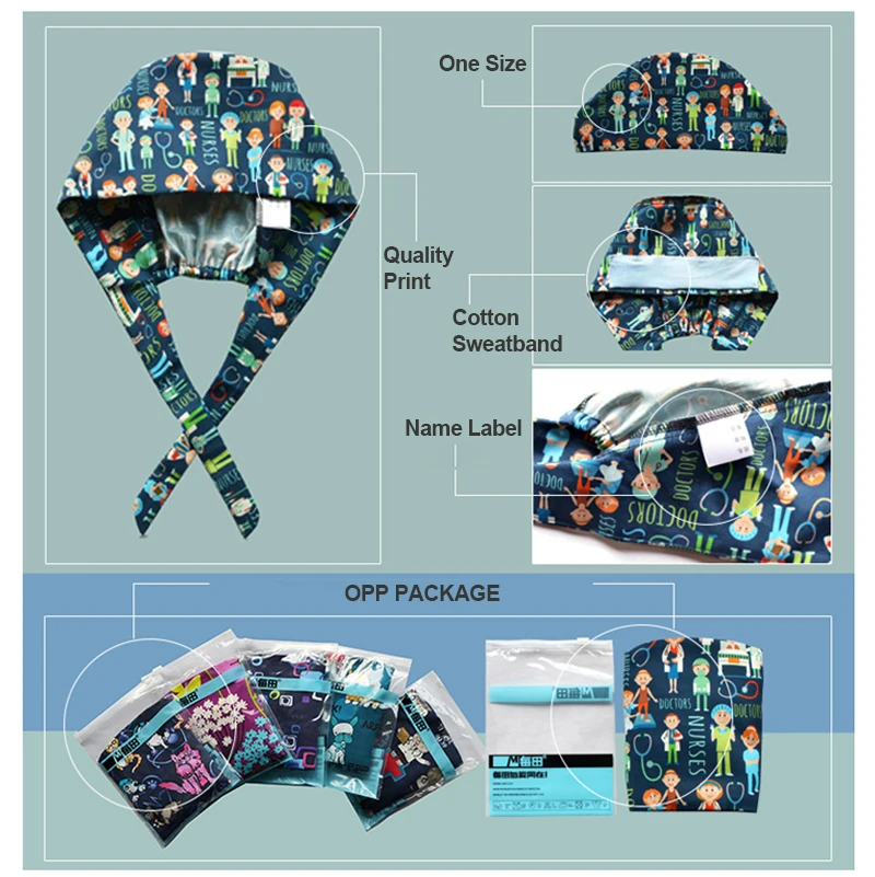 

Tooth Fairy Print Scrub Caps Working Skull Hat Women Men 100% Cotton Tieback Inner Forehead Sweatband Quality Lab Scrubs Hats