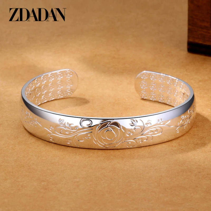 

ZDADAN 925 Sterling Silver New Fashion Jewelry Women Thai Silver Retro Flower Bracelets Simple Open Bracelet&Bangle