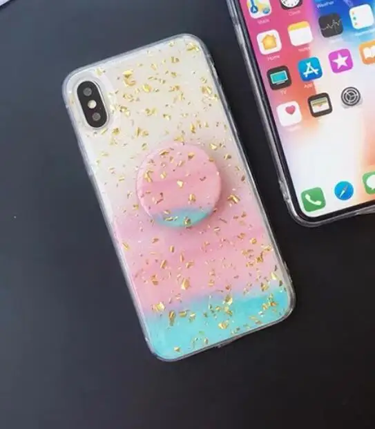 E with Finger Holder Kuutti Мягкий Роскошный держатель для пальца из золотой фольги, Мраморная мечта, силиконовый женский чехол для телефона для iPhone 11 6s 8 Plus X 11 Pro Max - Цвет: E with Finger Holder