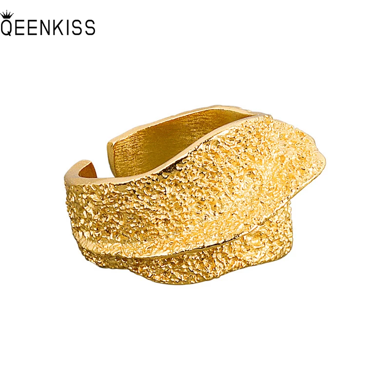 

QEENKISS RG6428 Fine Jewelry Wholesale Fashion Woman Girl Birthday Wedding Gift Texture Folds 18KT Gold White Gold Open Ring