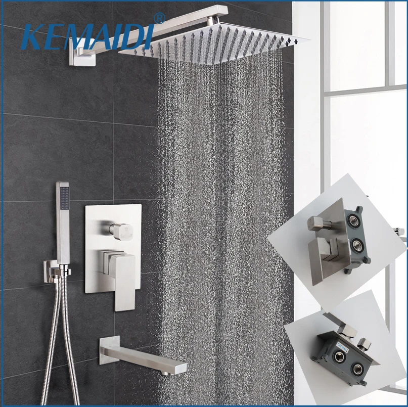 Brushed Rainfall Wall Mounted Solid Brass Bathtub Tap Hot Cold Water Mixer Kits