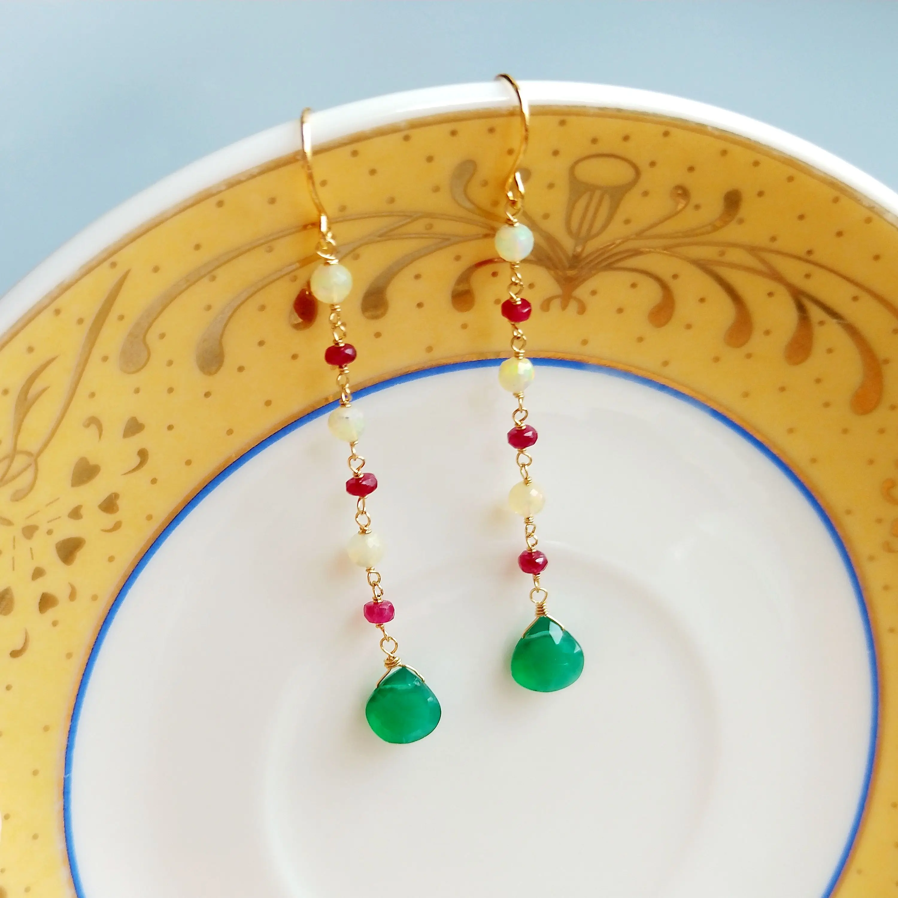 

Lii Ji Natural Gemstone Fire Opal Ruby Green Onyx 925 Sterling Silver Handmade Drop Earrings Delicate Jewelry For Women Gift
