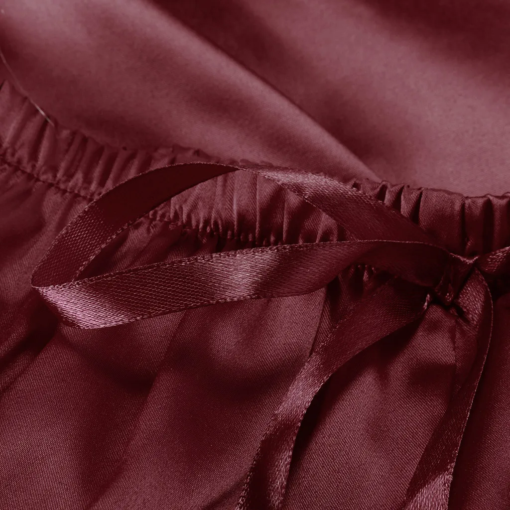 

Sexy Women's Sleepwear Silk Satin Pajama Set V-Neck Solid Color Underwear Pyjamas Sleeveless Wine Tops and Ruffle Shorts Nighty