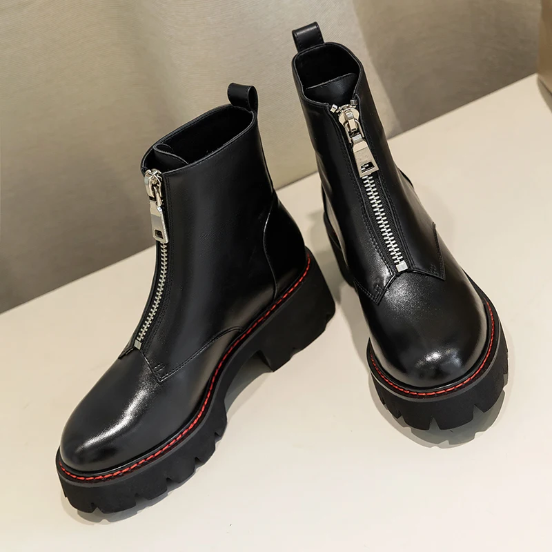 Женские ботинки; ботинки из натуральной кожи; черные ботинки Martens; женские ботильоны; мотоботы; зимняя обувь на платформе и толстом каблуке