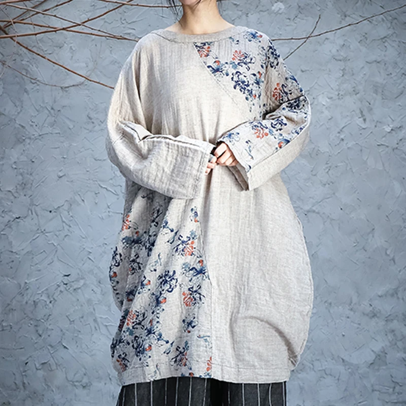 Johnature Autumn Retro Fashion Patchwork Floral Print O-neck Plus Size Dresses New Cotton Linen Long Sleeve Women Dress