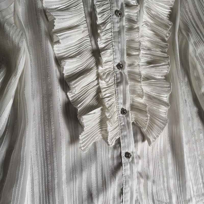 

AELESEEN Office Ladies Spring Autumn Shirts Runway New Ruffled Button Pleated Ruffles White Black Elegant Party Holiday Blouse