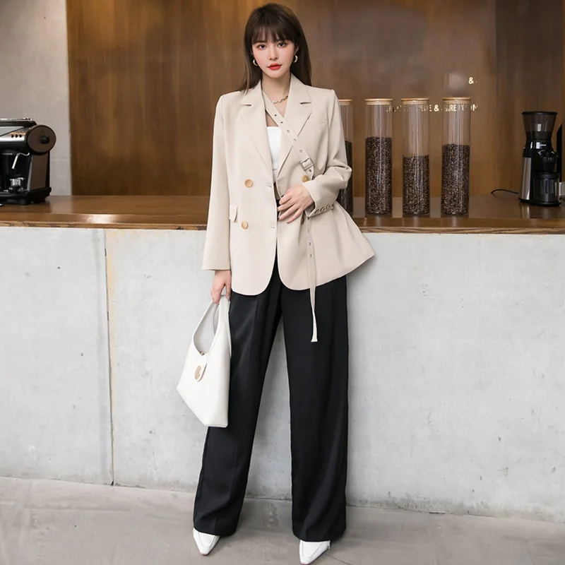 

Women Blue Brief Bandage Temperament Blazer Solid New Lapel Long Sleeve Loose Female Blazers 2020 Fashion Autumn Ladies Coats