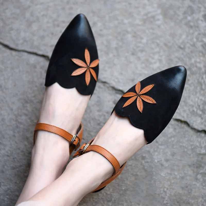 

Artmu Origional Artistic Women's Shoes Genuine Leather Pointed Tow Sandals Buckle Flat Shoes Summer Flower Handmade Sandals