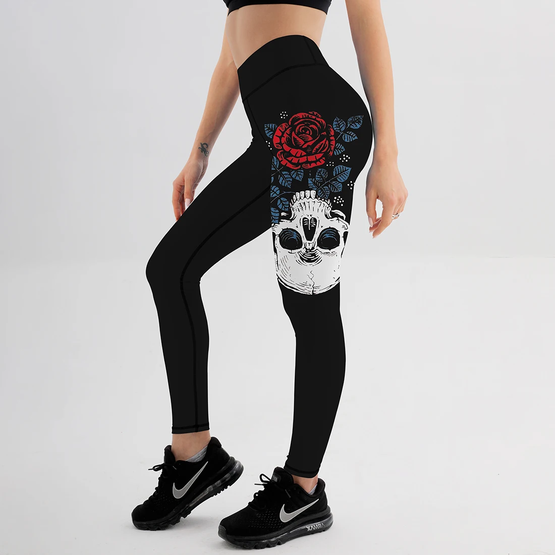 

High Waist Black Leggings For Fitness Ladies Sexy Skull&Roses Printed Gym Sports Workout Leggings Push Up Fitness Female Leggins
