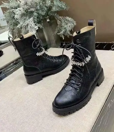 

BONJEAN Hot Selling Black Leather Woman Boots Round Toe Lace-up Riding Boots Crystal Embellished Ankle boots