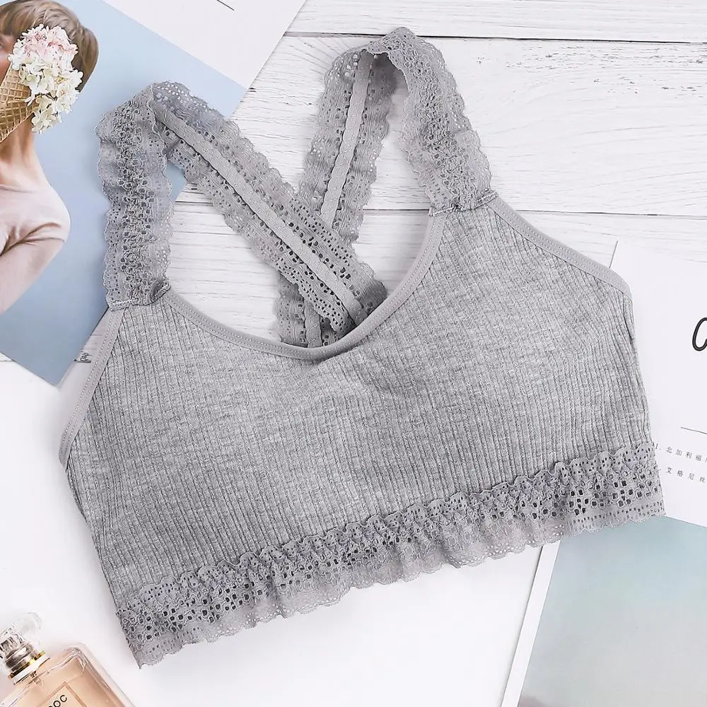 

ATHVOTAR New Lace Seamless Brassiere Bra Set Sexy Women Top Cross Shoulder Straps Ruffled Bra Panties Suit Cotton Bralette Set