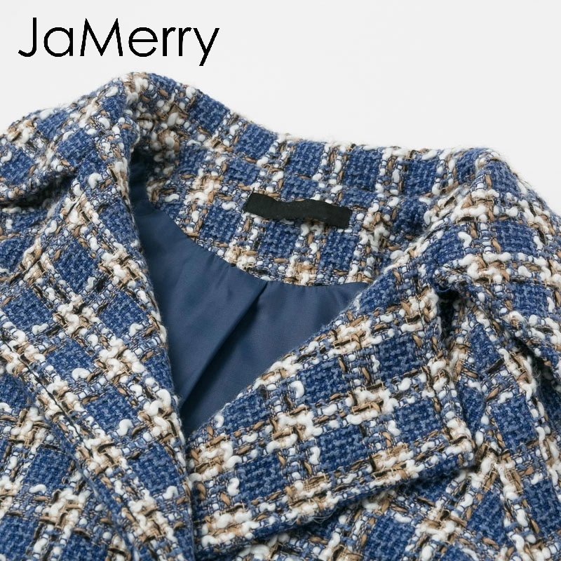 JaMerry винтажный элегантный женский твидовый в клетку жакет пальто фонарь рукав Уличная женская верхняя одежда пальто эластичное Свободное пальто
