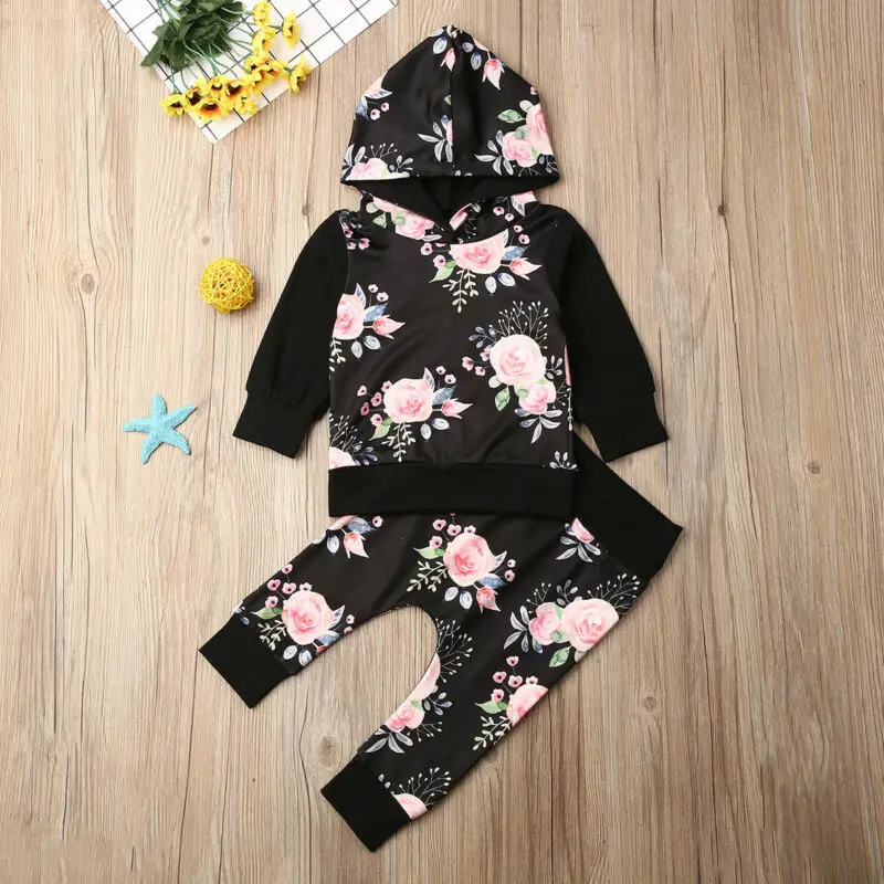 

Newborn Baby Girls Kid Top Hooded Pullover Long Sleeve Sweatshirt Floral Trousers Pants Autumn Spring Clothes 2PCS Set