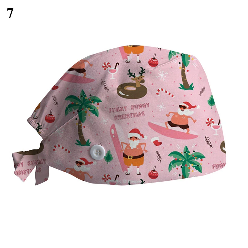 

1PC Christmas Printing Nursing Caps New Scrub Nurse Hat gorros quirurgicos Floral Bouffant Cap with Sweatband Surgical Cap
