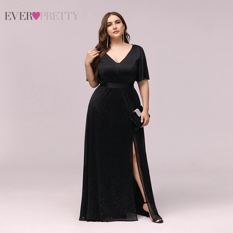 

Black Evening Dresses Women Party Night Ever Pretty Plus Size A Line V Neck Formal Gowns Split Shine Dress EP00331 Vestidos