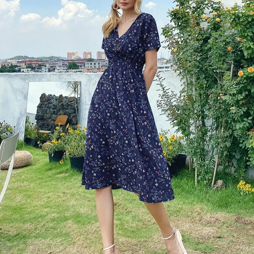 

2021 Summer Fashion Floral Print Loose Female Ladies V Neck Vacation Dress Vintage High Elastic Waist Large Hem Picnic Dresses