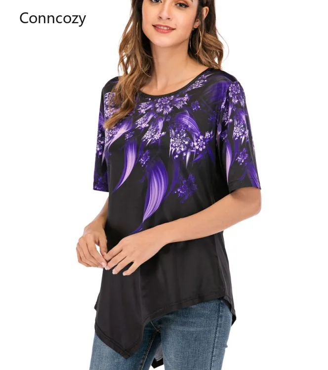 Винтажные черные фиолетовые футболки с цветочным принтом повседневные летние