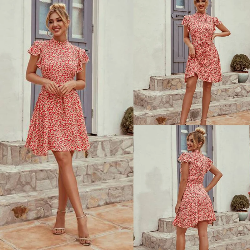 

Летнее платье с принтом, женское Повседневное платье средней длины с рукавами и оборками